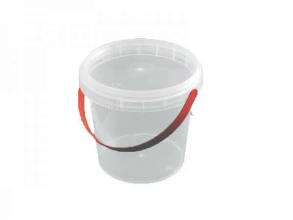 50 Runddosen / Eimer transparent mit Deckel und rotem Bügel 360 ml